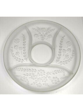 Frosted Glass Serving Platter Etched Floral Design Divided Sections Vintage